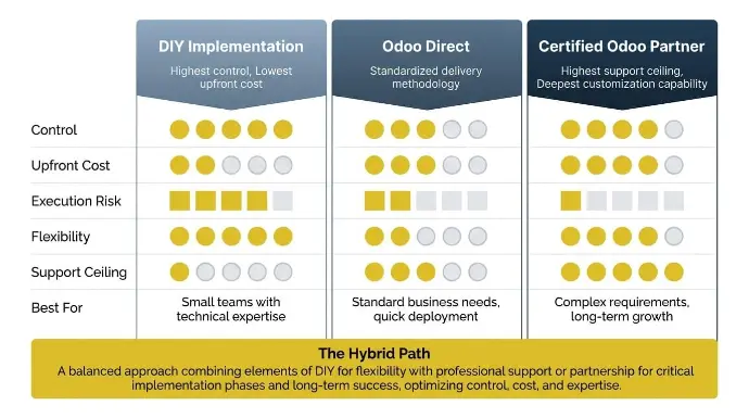 DIY vs Odoo Direct Vs Odoo Partner benefits