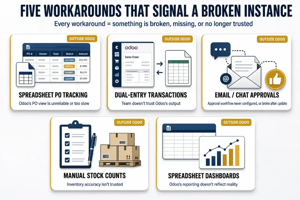 Five workarounds that signal a broken Odoo instance, each with an 'OUTSIDE ODOO' tag: spreadsheet PO tracking (Odoo's PO view is unreliable), dual-entry transactions (team doesn't trust Odoo's output), email or chat approvals (approval workflow never configured or broken), manual stock counts (inventory accuracy isn't trusted), and spreadsheet dashboards (Odoo's reporting doesn't reflect reality).