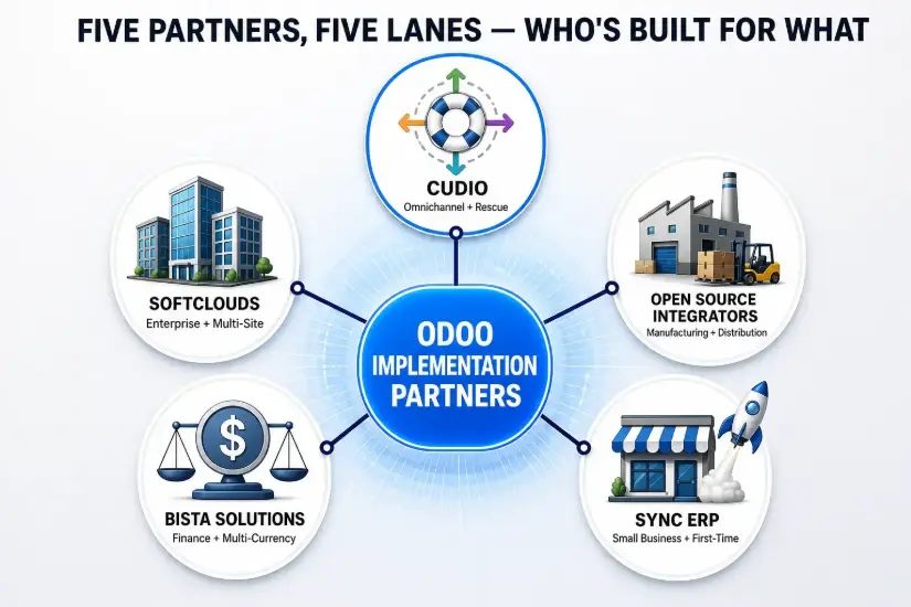 Positioning hub of the five Odoo implementation partners profiled in this article: Cudio (Omnichannel + Rescue), Softclouds (Enterprise + Multi-Site), Open Source Integrators (Manufacturing + Distribution), Bista Solutions (Finance + Multi-Currency), and Sync ERP (Small Business + First-Time).