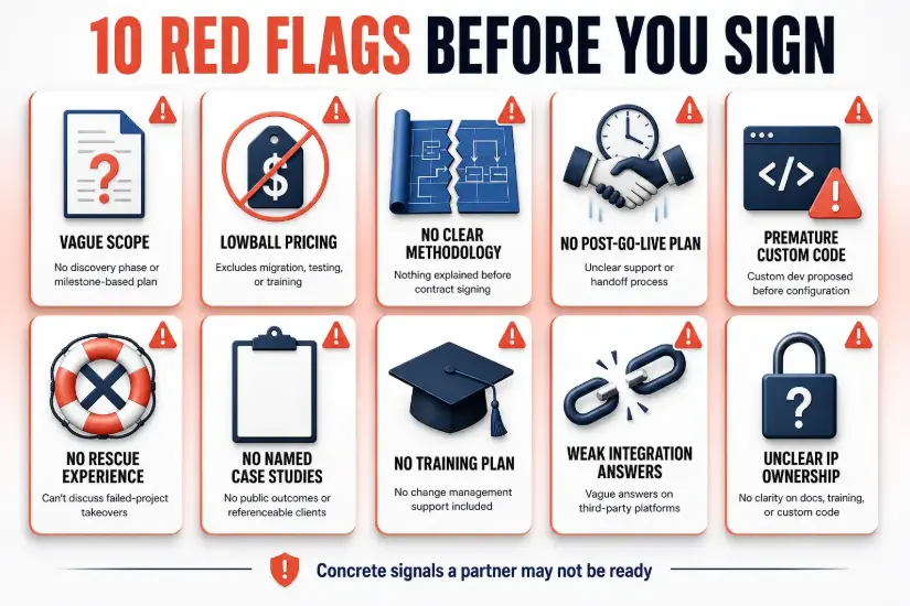 Ten red flags to watch for when choosing an Odoo implementation partner: vague scope, lowball pricing, no clear methodology, no post-go-live plan, premature custom code, no rescue experience, no named case studies, no training plan, weak integration answers, and unclear IP ownership.