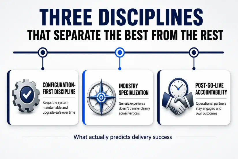 Three delivery disciplines that separate the best Odoo implementation partners: configuration-first discipline, industry specialization, and post-go-live accountability.